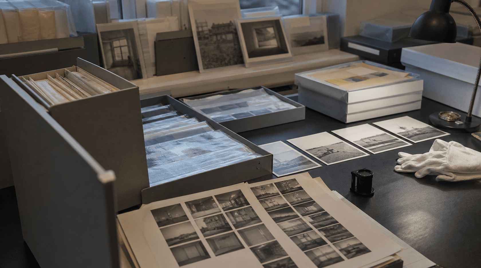 Boîtes, négatifs et tirages photographiques pendant un inventaire