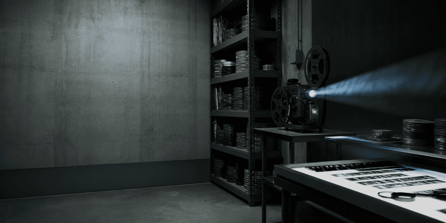 Projecteur argentique, bobines et table lumineuse dans une réserve de films