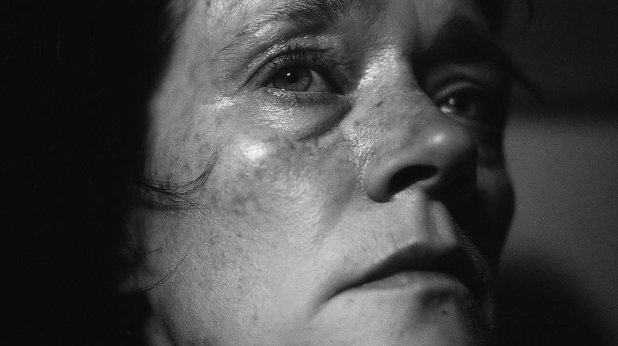 Une femme âgée en noir et blanc, le visage tourné vers le haut