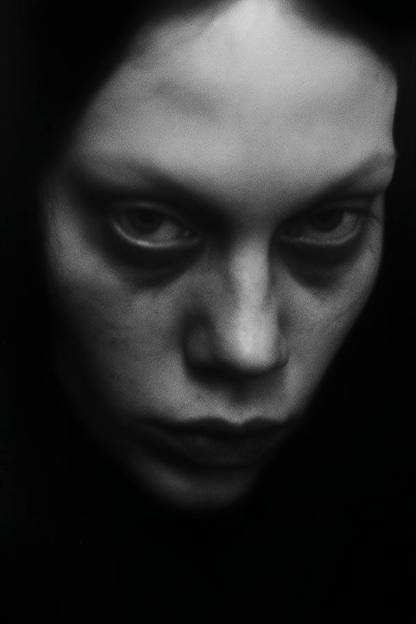 Un visage pâle aux yeux cernés sur fond noir