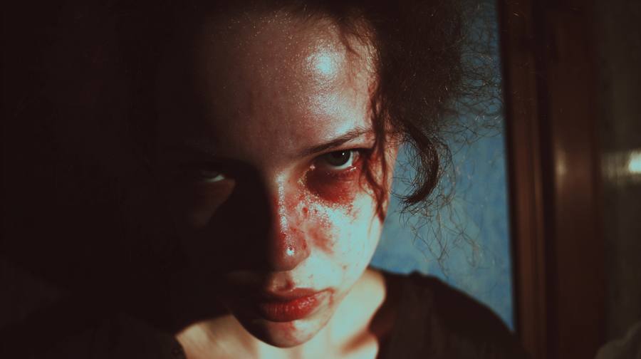 Une femme aux cheveux bouclés, la joue marquée de rouge, un mur bleu derrière