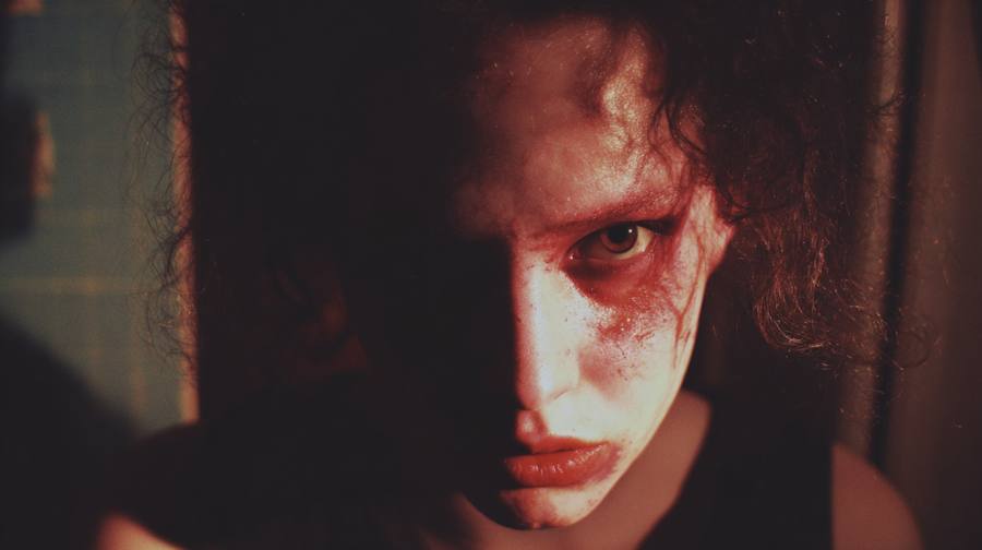 Une femme aux cheveux bouclés, le visage marqué, dans une chambre sombre