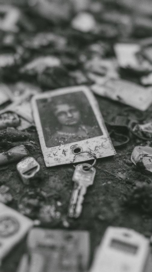Un portrait encadré posé parmi des clés et des débris
