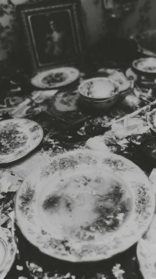 Des assiettes et un cadre posés sur une table