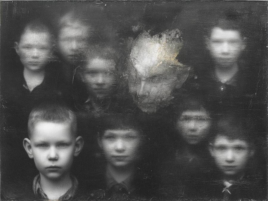 Planche : des enfants alignés, un visage effacé