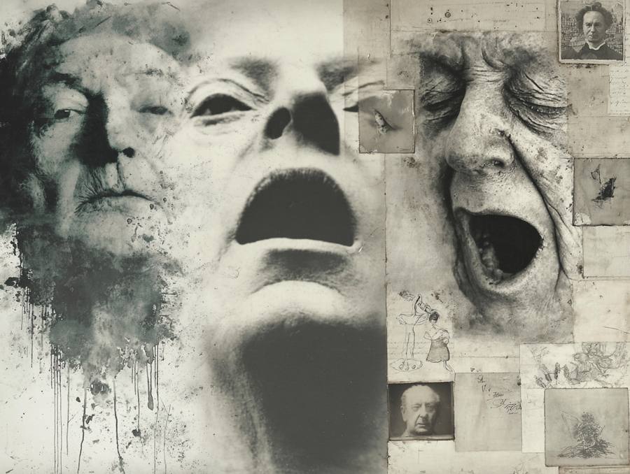 Planche : des visages qui crient, collage de portraits anciens