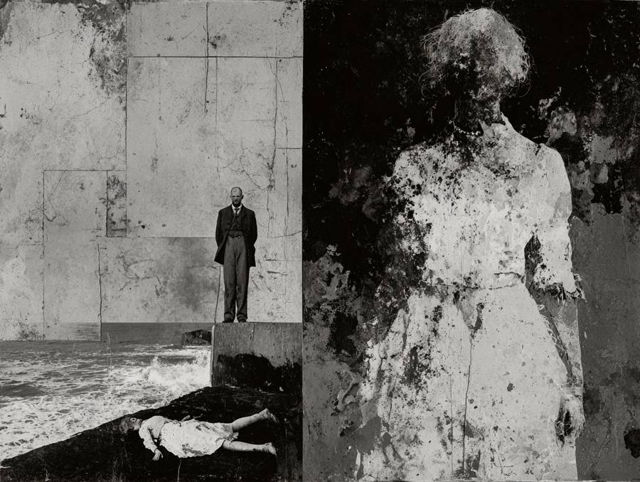 Planche : un homme debout, une silhouette de femme, un corps allongé